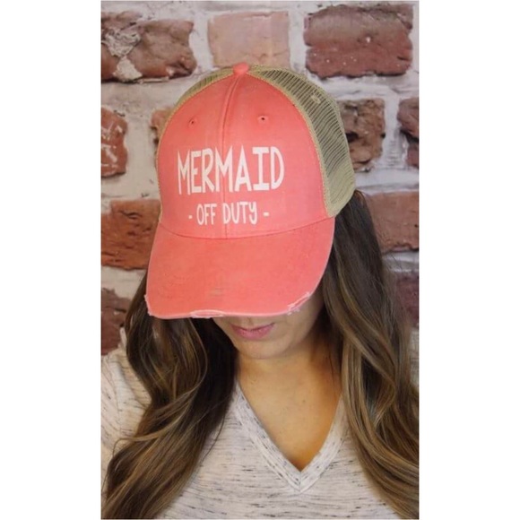 🆕Mermaid Off Duty Distressed Trucker Hat in Coral - Picture 2 of 3